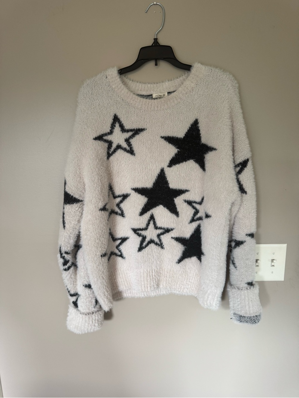 Pilcro Cream Fuzzy Crewneck Sweater with Black Star Print NWOT